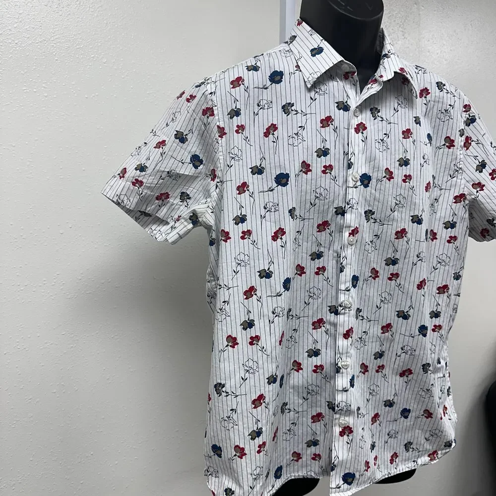 Perry Ellis 100% Cotton‎ White with Floral Pattern Shirt Sleeve Shirt Size Large